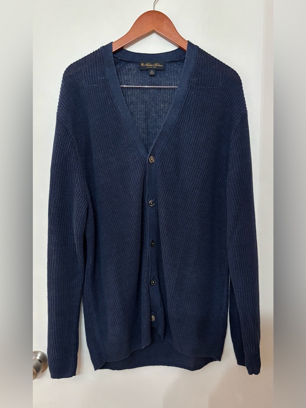 Brooks Brothers Italian Yarn 100% Linen Navy Blue Knit Cardigan Size XL